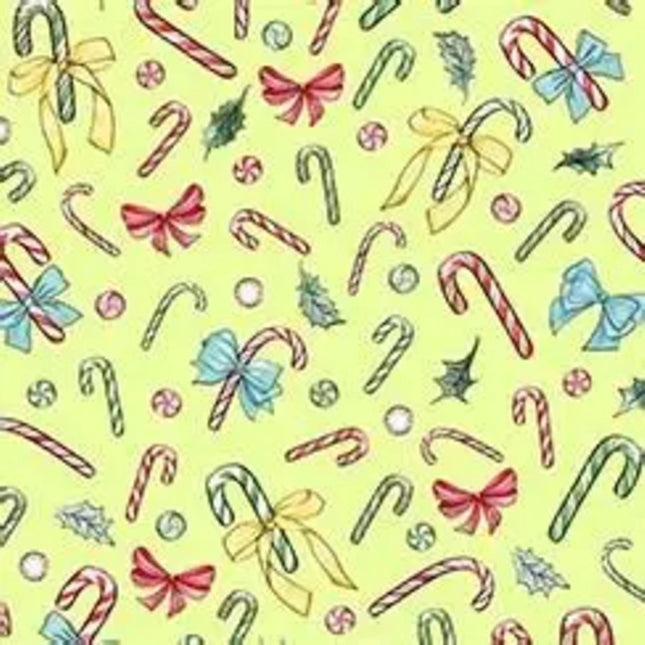 Curtain Valance - Holiday Party Candy Canes Yellow Cotton
