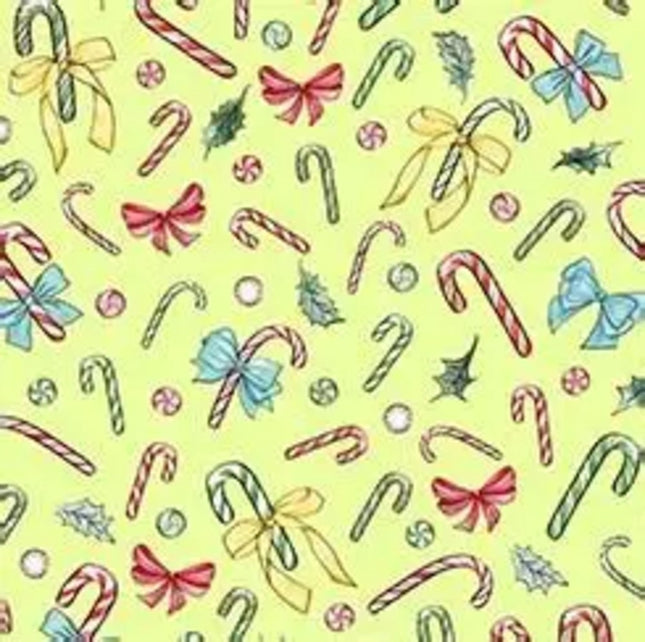 Holiday Party Candy Canes Yellow Cotton Fabric