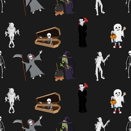 Halloween Creatures Allover - Black Cotton Fabric