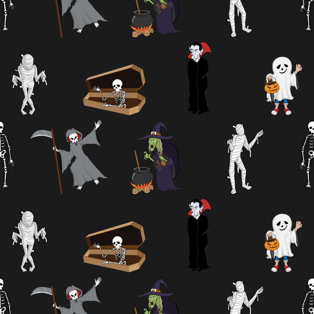 Halloween Creatures Allover - Black Cotton Fabric
