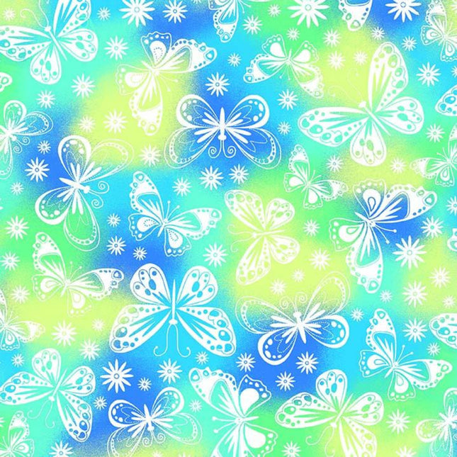 Butterfly Blue Green Flannel Fabric