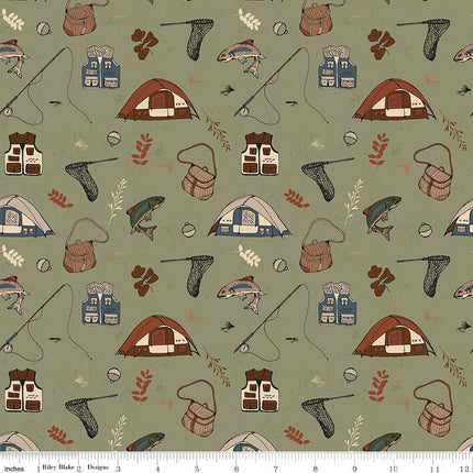 Flannel Let's Wander Gone Fishing Sage Fabric