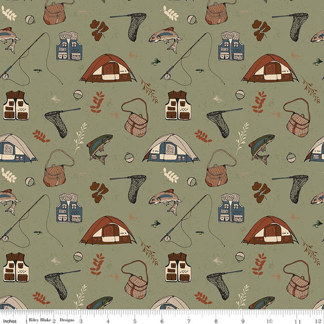 Flannel Let's Wander Gone Fishing Sage Fabric