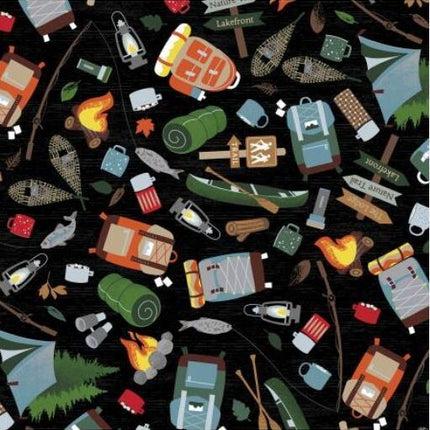 Moose Creek Lodge Gone Camping Black Cotton Fabric