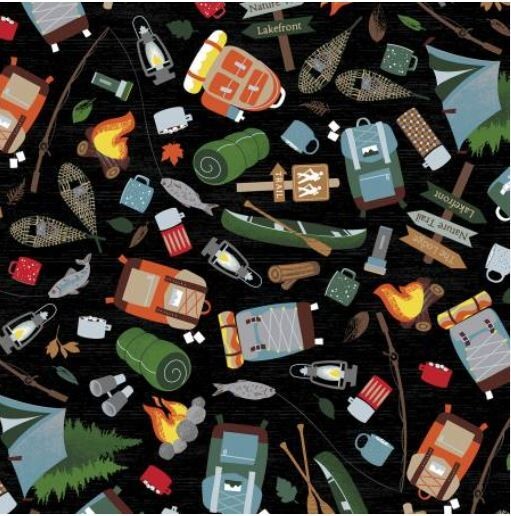 Moose Creek Lodge Gone Camping Black Cotton Fabric