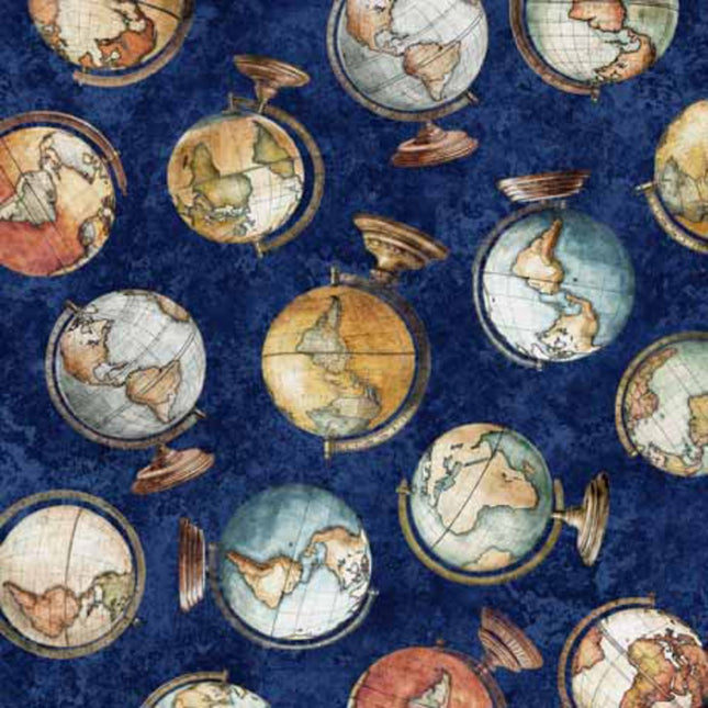 Globetrotter Globes Navy Cotton Fabric