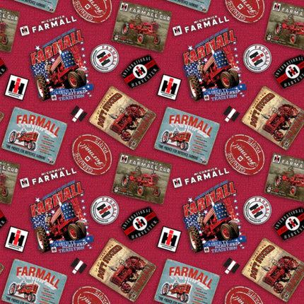 Farmall Tossed Farmall Logos 2 Red Burlap Cotton Farbic