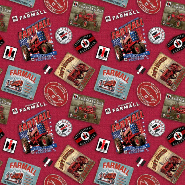 Farmall Tossed Farmall Logos 2 Red Burlap Cotton Farbic