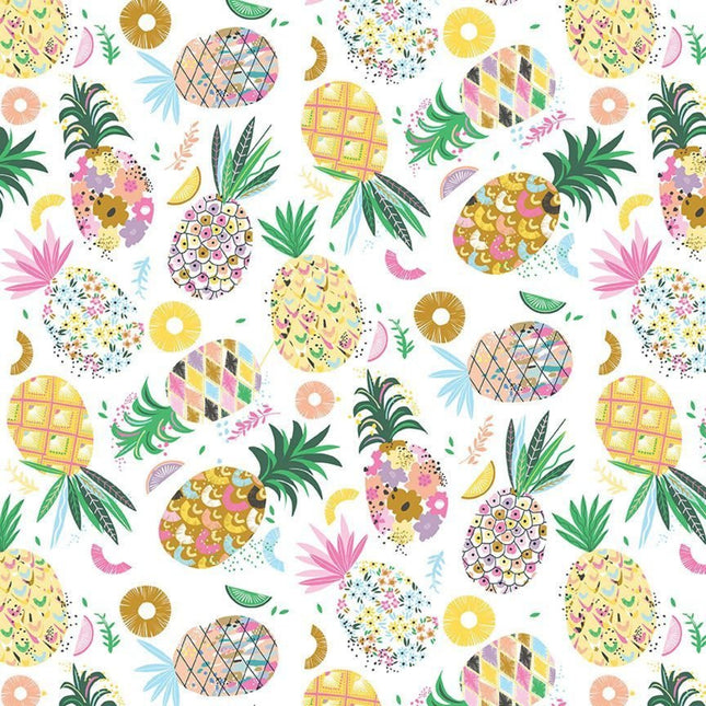 Pineapple Crush White Cotton Fabric