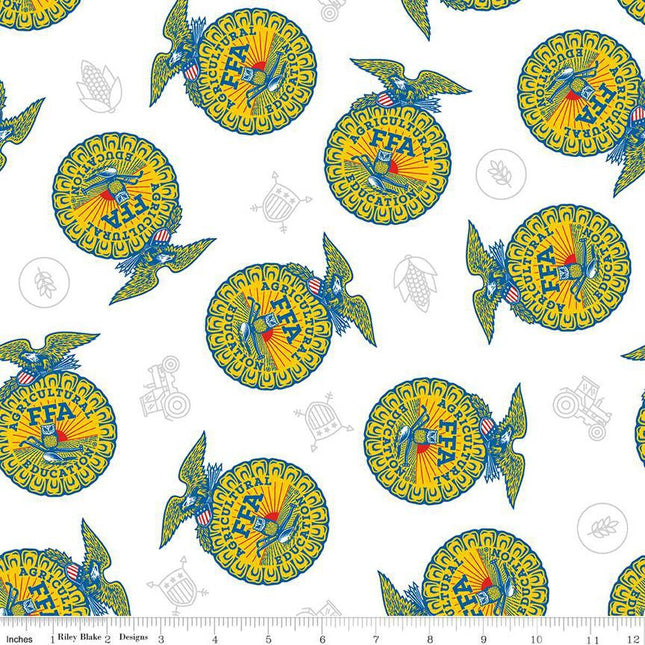 FFA Forever Blue 2 Badge Toss White Cotton Fabric