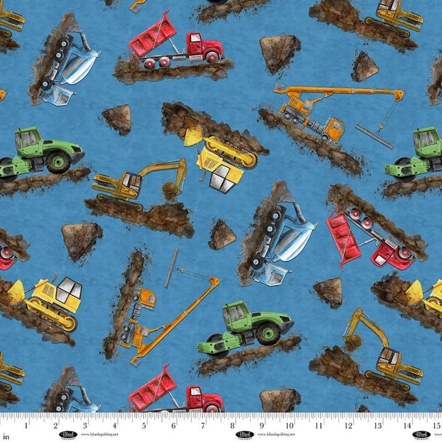 Curtain Valance - Let's Get Building Construction Equipment Blue Cotton