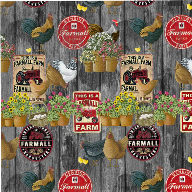 Farmall Chickens & Logos Plank Gray Cotton Fabric