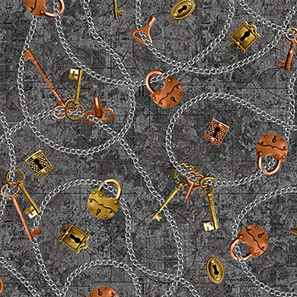 Full Steam Ahead Digital Chain, Keys, Locks Cotton Fabric