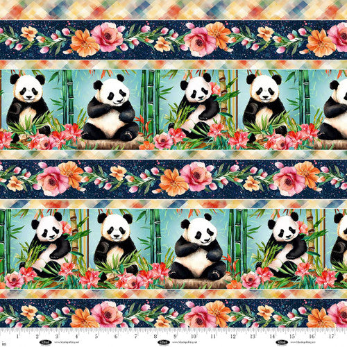 Curtain Valance - Panda Paradise Digital Border Stripe Sage Cotton