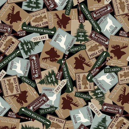 Moose Creek Lodge Signs Black Cotton Fabric