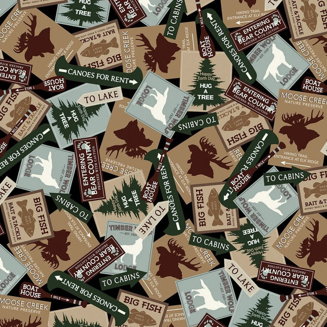 Moose Creek Lodge Signs Black Cotton Fabric