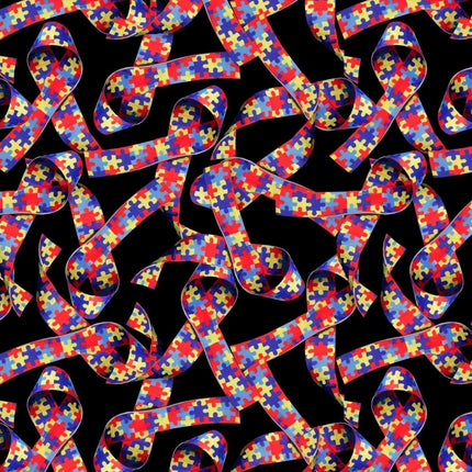Autism Awareness Puzzle Ribbons Black Cotton Fabric