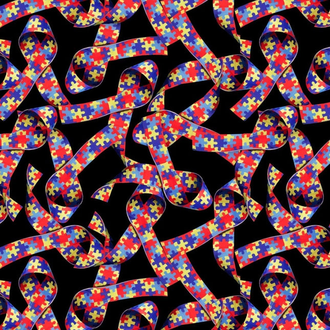 Autism Awareness Puzzle Ribbons Black Cotton Fabric