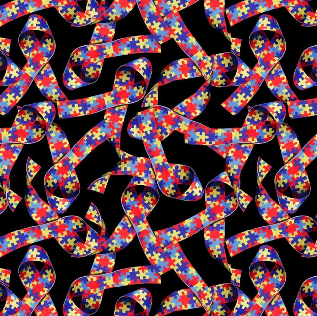 Autism Awareness Puzzle Ribbons Black Cotton Fabric