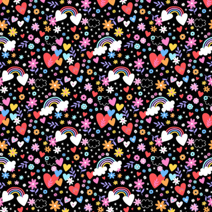 Playtime Hearts & Rainbows Black Flannel Fabric