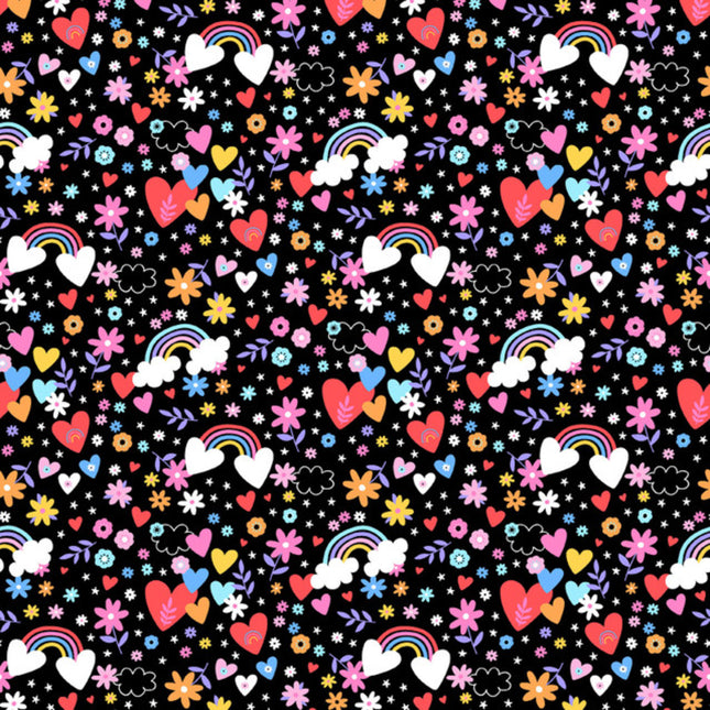 Pillowcase - Playtime Hearts & Rainbows Black Flannel