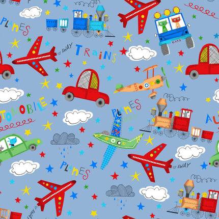 Fun Flannel Planes, Trains & Automobiles Blue
