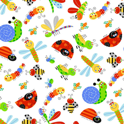 Fun Flannel- Fun Bugs White Fabric