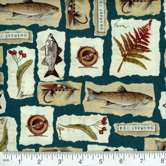 Fly Fishing Teal Cotton Fabric