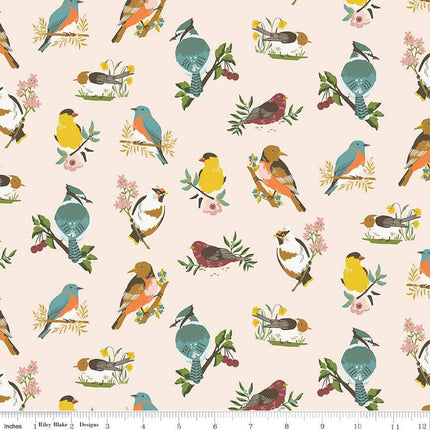 Winged Medley Birds Latte Cotton Fabric