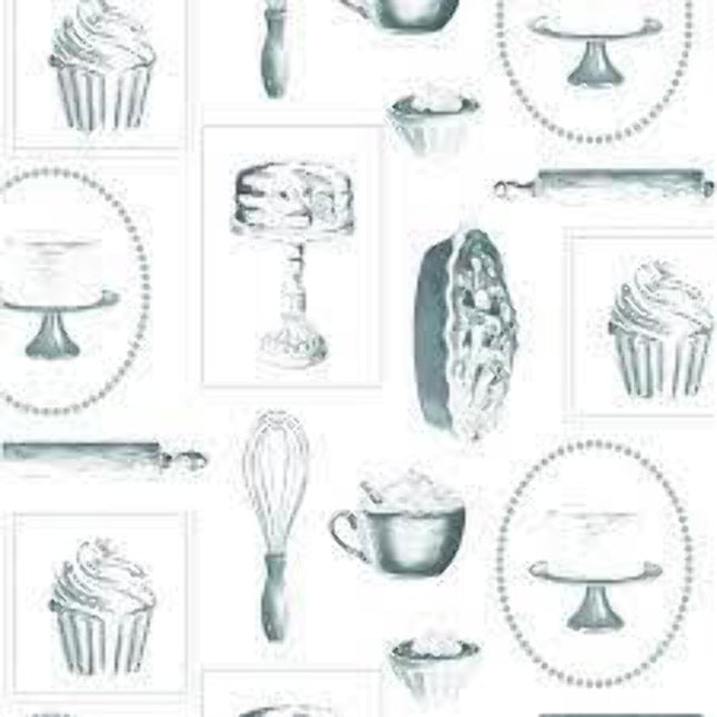 Springs Creative Pies and Cupcakes White and Black 100% Cotton Fabric sold by the yard