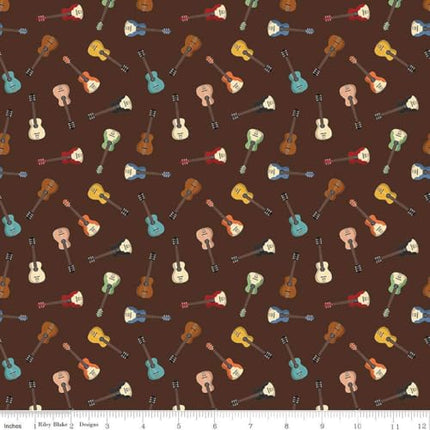 Cowboys Guitars Brown Cotton Fabric by The Yard