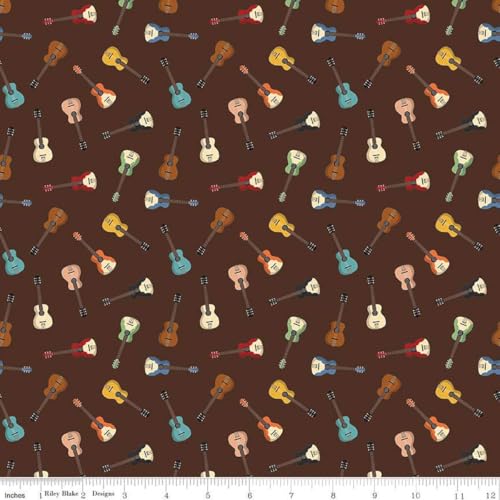 Cowboys Guitars Brown Cotton Fabric by The Yard