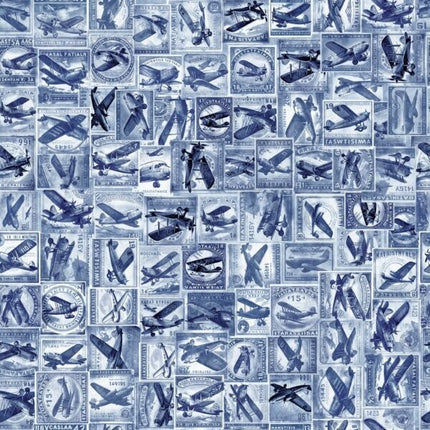 Flying High Airplane Collage Denim Cotton Fabric