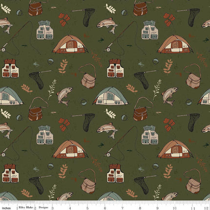 Flannel Let's Wander Gone Fishing Forest Fabric
