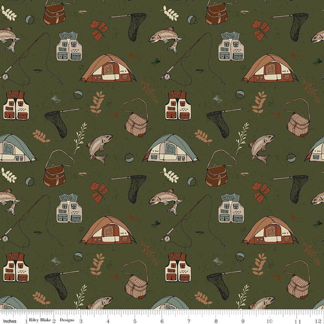 Flannel Let's Wander Gone Fishing Forest Fabric