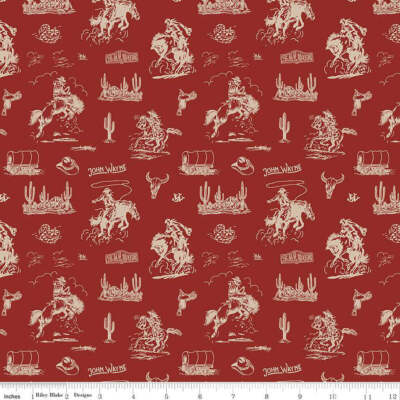 John Wayne Courage Cowboys Barn Red Cotton Fabric