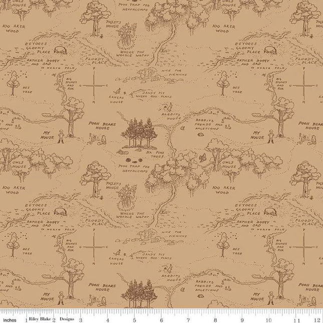 Winnie the Pooh Map Brown Cotton Fabric
