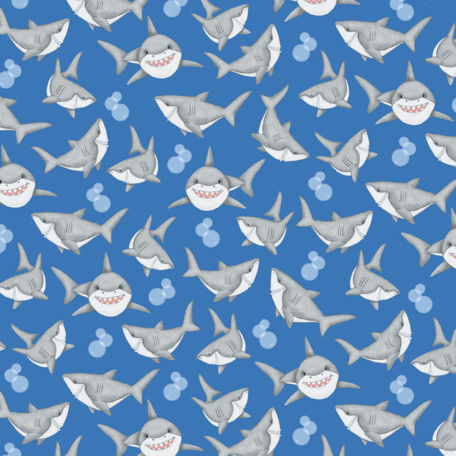 Smiling Sharks Blue Flannel Fabric
