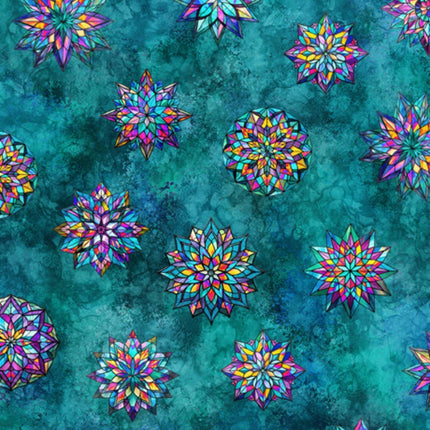 Radiant Reflection Stained Glass Stars Teal Cotton Fabric