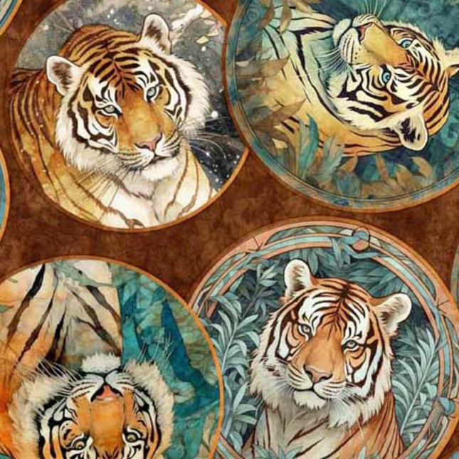 Eye of the Tiger Tiger Circle Collage Copper Cotton Fabric