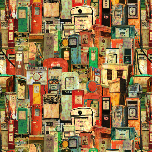 Historic Highway Gas Pumps Cotton Fabric