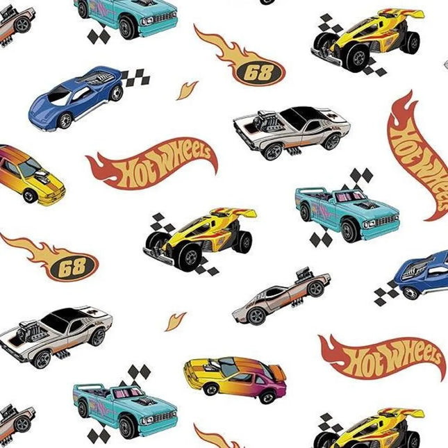 Hot Wheels Made to Race White Flannel Fabric