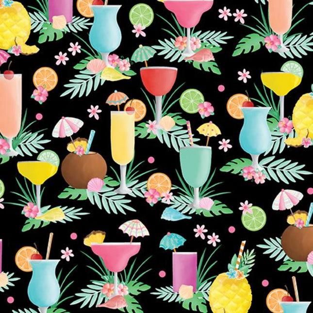 Tropical Drinks Black Flamingo Pals Cotton Fabric