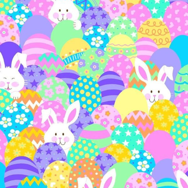 Bunnies and Eggs w/Glitter Cotton Fabric - 3 7/8th Yards