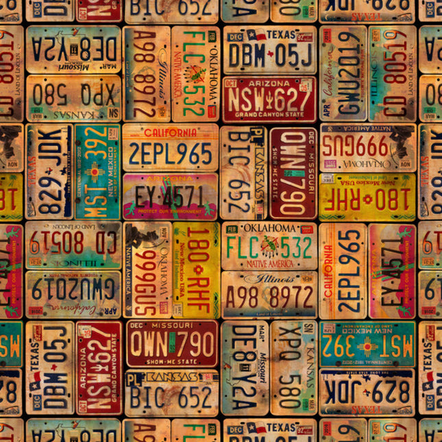 Historic Highway Vintage License Plates Cotton Fabric