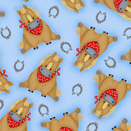Sitting Horses Blue Flannel Fabric