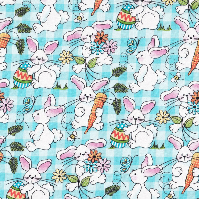 Patty Reed Bunnies on Teal Plaid Cotton Fabric - 3 7/8th Yards