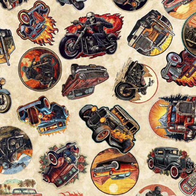 Heavy Metal Stickers Cream Cotton Fabric