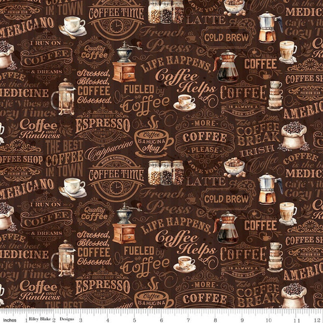 Coffee Time Text Brown Cotton Fabric