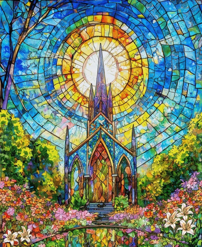 Faith in Full Color Stained Glass Church Panel 36" Cotton Fabric